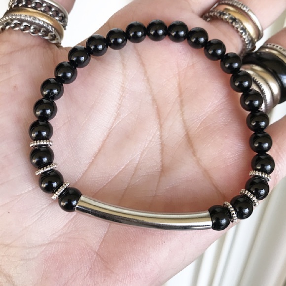 🔴 Genuine onyx gemstones beads silver bar boho stack bracelet - Picture 5 of 9